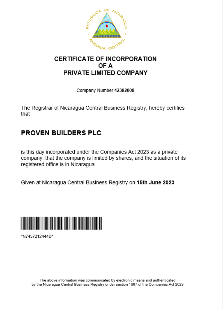 Nicaragua business registration certificate Word and PDF template